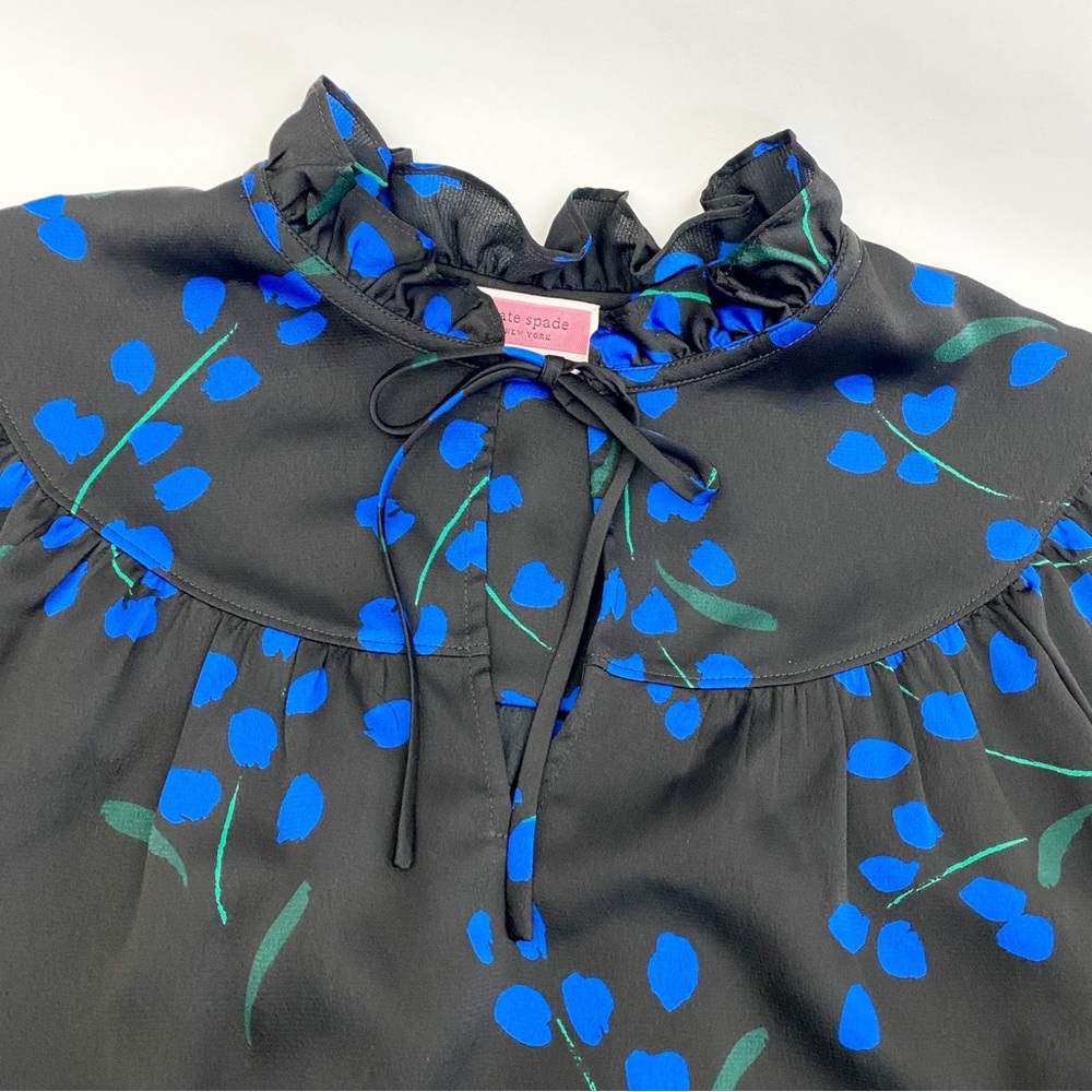 NEW Kate Spade Seabreeze Floral Ruffle Blouse Top Long Sleeve Black Blue - Picture 8 of 13